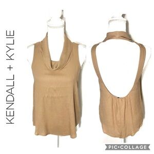 Kendall & Kylie Camel Top Sz XS Sleeveless Tan Open Back Blouse Shirt Women's